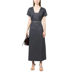 Amina Rubinacci Belted Long Maxi Dress Womens 40 4 Small Gray Cotton Monili Trim